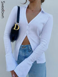 White Solid V Neck Ribbed Shirts Female Button Up Slim Casual Tops And Blouses V Neck Long Sleeve Basic Autumn