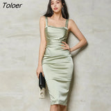 Fashion Summer Retro Skinny Midi Party Club Dress Ladies Elegant Satin Sexy Strap Sleeveless Acetate Bodycon Beach