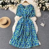 Sweet Floral Dresses Women V Neck Puff Sleeve Print Boho Beach Dress Summer Bohemian Print A-line Midi Dress