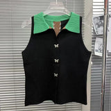 Sexy Patchwork Colorblock Tank Tops For Women Lapel Sleeveless Straight Single Breasted Vests Female Summer