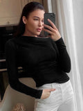 Sleeve Top White T-Shirts Women Basic Crop Top Autumn Pollover Solid Skew Neck T Shirt Streetwear Basic Black Y2K Tees-Outfit