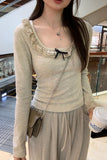 Lace Collar Bow Tie Bottom Shirt Women's New Spring Blouse Design Sense Minority Wear Long-Sleeved T-Shirt-Outfit