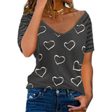 Women Heart Striped Printed Zipper T Shirt Short Sleeve Casual Tops Loose Summer Fashion Sexy Clothing Top De