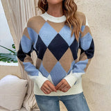 Autumn Women Color Block Knitted Sweater Casual Argyle Print Long Sleeve O-neck Knitwear Blue Brown Winter Pullovers