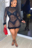 Feathers Mesh See Through Black Dress Sexy Club Outfits Womens Clothing Long Sleeve Bodycon Short Dresses