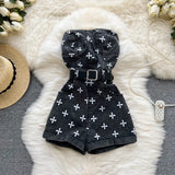 Denim Cross Print Women Jumpsuits Summer 2022 Fashion Sashes Pocket High Street Sexy Ladies Temperament