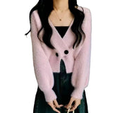 Mink Velvet Soft Waxy Knitted Cardigan Temperament Two Buttons 2024 Autumn And Winter New Short Sweater Coat Woman-Outfit