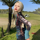 Graphic T Shirts Streetwear Y2k Women Sheer Mesh Knit Patchwork Long Sleeve Top Grunge Clothes 90’s Aesthetic