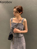 Simple Temperament Suspenders Off The Shoulder Tassel Lace Vest+High Waist Thin Skirt Two Piece Sets Womens