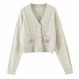 Casual Loose Crop Top Knitted Cardigan Vintage Elegant V Neck Sweater Women White Autumn Winter Embroidery