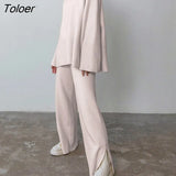 Casual Elegant Pant Sets O Neck Loose Sweater Outfit Autumn Winter 2 Piece Sets High Waist Wide Leg Pants Suits Women