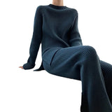 And Winter Solid Color Round Collar Open Fork Sweater Set Women's Loose Knitting Tops Broad Leg Pants Two