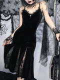 Spaghetti Strap Backless Velvet Woman Long Gothic Cross Dress Black Lace Patchwork Dress Style Maxi Harajuku Emo Partywear-Outfit