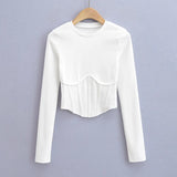 y2k streetwear white crop tops women long sleeve tees sexy o neck cropped t shirt bright line black tops cute ribbed-Outfit
