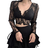 Women Lace T-shirts Fall Winter 2024 Sexy Mesh Crop Top Clothes 2000s Clothes y2k Fairy Grunge Long Sleeve Top Streetwear Club-Outfit