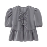 New Bubble Cuff Lace-Up Solid Color Short Blouse 1213835-Outfit