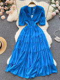 French Folds Long Dress Lapel V Neck Senior Ruff Sleeve Slim Ladies Summer Fashion Elastic Solid Sweet Sexy