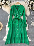 Sexy Sheath Winter Knitted Dress French Style V Neck Tie Single Breasted Long Dress Female A-Line Party Sweater