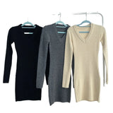 Korean Chic Autumn And Winter Vintage Little V-Collar Slim, Bottomed Knitted Dress, Sweater And Hip Skirt-Outfit