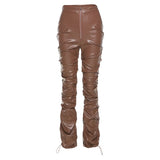 Sisterlinda Faux Leather Stacked Y2K Pant Women High Waist Zipper Side Slit Hipster Streetwear Female Fashion Slim Long
