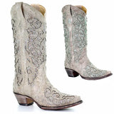 Women Autumn Winter Glitter Inlay and Crystals Boots Pointed Toe Retro Thick Heel Western Boots Shoes Elegant White Knee