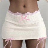 Lace Knitted Mini Skirts Women Bow Fairycore Balletcore Pencil Skirts Chic Slim Korean Summer Bottom Harajuku New-Outfit