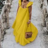 2022 Bohemian Long Dress Women Solid Color Sexy Short Sleeve Ruffle Summer Sundress Casual Loose Beach Maxi Vestidos