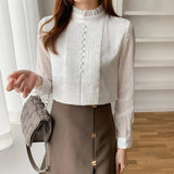 White Elegant Blouse Autumn Pleated Ruffle Blouse Women Top Long Sleeve Lace Chiffon Shirt Office Lady Blusas Mujer