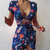 Floral Print Fashion Tie Up Wrap Mini Dress 2021 Summer Holiday Ruffles Sundress Ruched Women's Dress Short