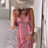 Women's New Summer Bohemian Print V-Neck Sling Open Dress