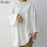 Womens Baggy Solid Blouse ZANZEA 2022 Vintage Flare Sleeve Tops Casual Autumn Blusas Female Split Tunic Oversized