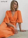 Elegant Women Cotton Midi Dress Green Robe V-Neck Puff Sleeve Wrap Dress Lady Dress Summer Loose Dress 2022