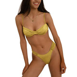 Women Swim Bikini Suit, Solid Color Pleated Sleeveless Bra+ Shorts Briefs Swimwear Swimsuit-Outfit