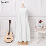 Summer Solid Maxi Dress ZANZEA Sleeveless A Line Robe Fashion Casual Ruffle Dresses Womens Elegant Beach