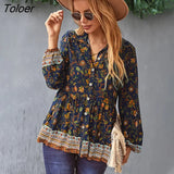 Boho Floral Print Holiday Women Shirt Tops Lace-up V-Neck Lantern Sleeve Loose Vestidos Vintage Casual Spring