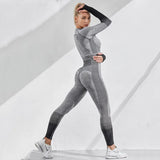 Outdoor Two Piece Set Women Long Sleeve Crop Top Sport Leggings Tracksuit Fitness Gym Suits For