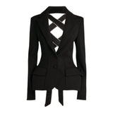Black Cut Out Bandage Bowknot Blazers For Women Notched Collar Long Sleeve Solid Jackets Female Clothing 2022