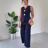 Women's Temperament Elegant Solid Color V-Neck Sleeveless Vest High-Rise Broad Leg Trousers