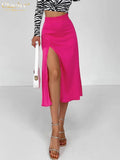 Fashion Pink Satin Office Lady Skirts Elegant High Waist Slit Midi Skirt Streetwear Casual Simple Female Clothing