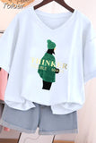 100% Cotton L-5XL Plus SizeT Shirt Short Sleeve Cartoon Tshirt Women Top Summer Sweet Couple V Neck Oversized T
