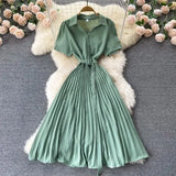 Summer Vintage Women Pleated Dress Red/Pink/Brown Turn-Down Collar Short Sleeve High Waist Casual Draped A-Line Vestido New