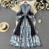 And Autumn Dress Retro Court Style Lapl Lantern Sleeve Print Dress Women's Single Buckle Large A-Word Over Knee
