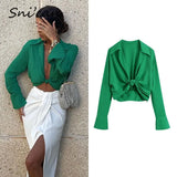 Solid Knots Satin Blouse Summer Long Sleeve Turn Down Collar Office Ladies Fashion Shirts Vintage Chic Tops Chandails
