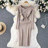 Hollow Out Sexy Knitted Dress Elegant Long Sleeve Slim Square Collar Fashion Ladies Party Bodycon Sweater Midi