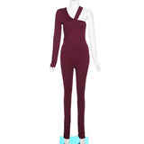Solid Knitted Two Piece Set Women Sexy Skinny Bandage One Shoulder Sleeve Bodysuit + Slim Pencil