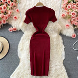 Version Of The Solid Color Collar Buckle Body Short Sleeve Elastic Knitted Forked And Left-Sleeved Dress