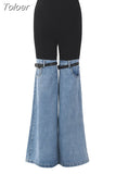 Fashion Women's Hit Color Spliced Jeans High Waist Elastic Patchwork Girding Straight Denim Pants Summer 2023 New
