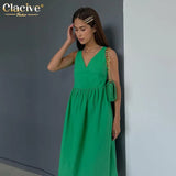 Summer V-Neck Green Women'S Dress 2022 Casual Loose Sleeveless Office Midi Dresses Elegant Classic Ruched Female