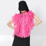 Ruffle Trim Shirt For Women Lapel Sleeveless Solid Straight Loose Button Through Blouse Female Summer Clothing
