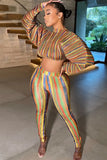 Colorful Striped Puff Sleeve Crop Top and Pants 2pc